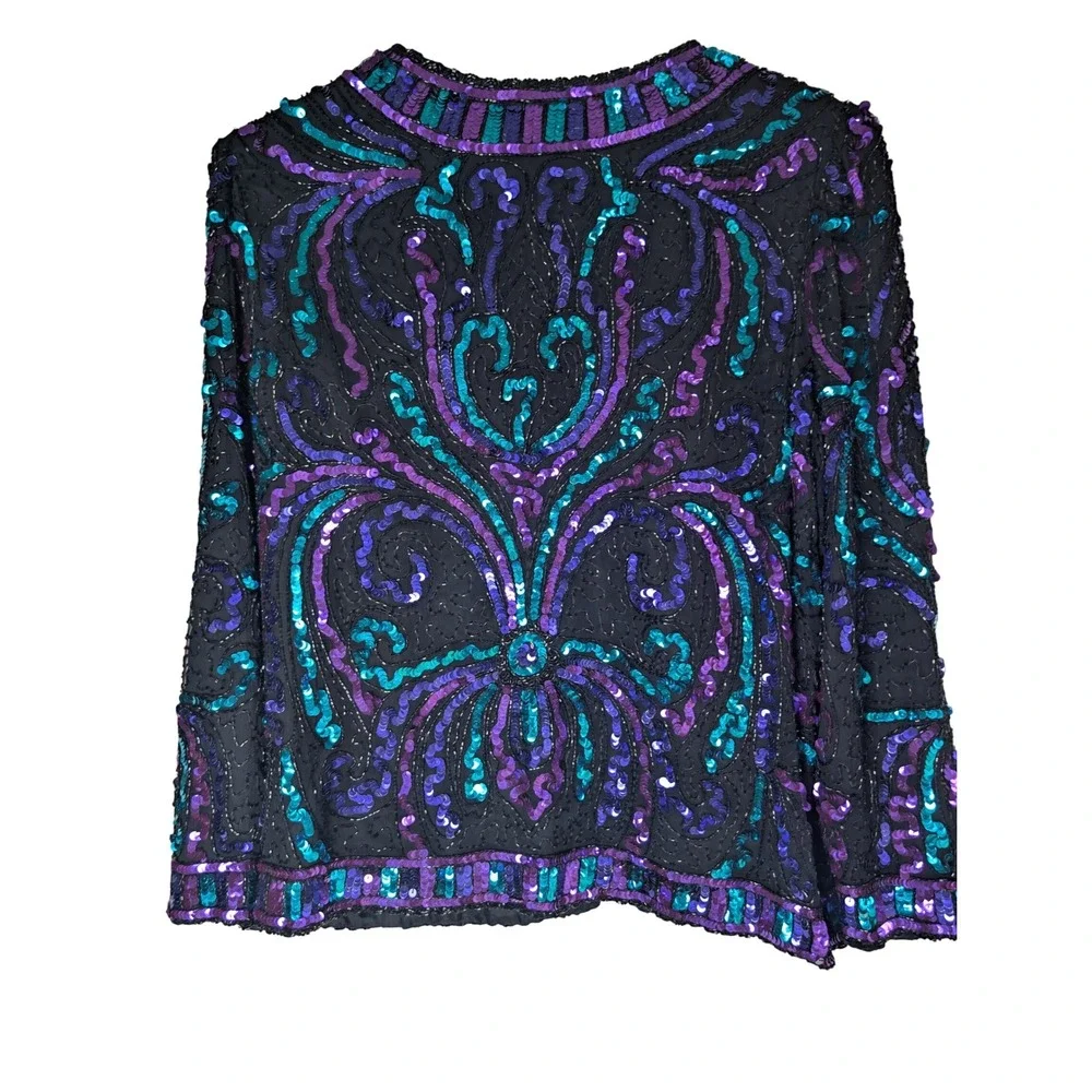 Laurence Kazar Vintage Sequin Beaded Jacket Purple Teal Black Open‎ Front Blazer